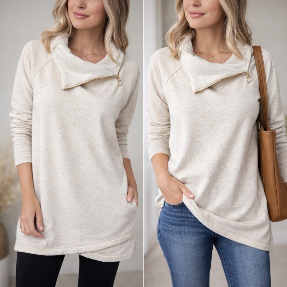 Athleta Cream Asymmetrical Zip-Trim Cowl Pullover
02-0059